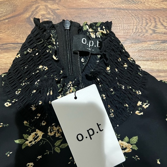 o.p.t Chic Black Floral Long Sleeve Dress Smocked Turtle Neck Long Dress - Picture 4 of 6
